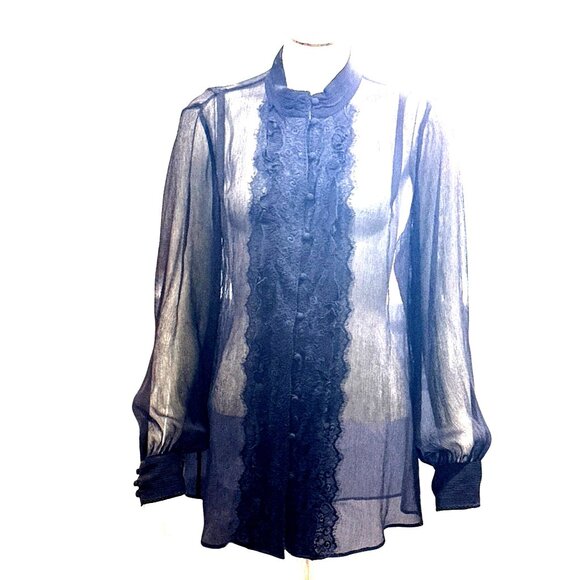 Vintage All Silk Blouse by Chicos Size 1 Black Sheer Lace Chic Romantic City Top - Picture 11 of 14